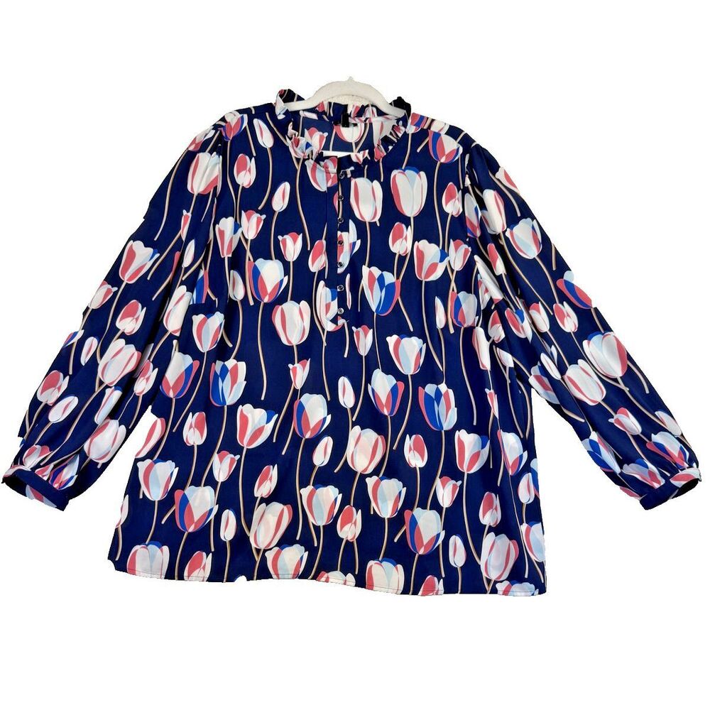 Talbots Blouse Womens 3X Blue Pink White Tulip Floral Print Ruffle Collar‎ Top